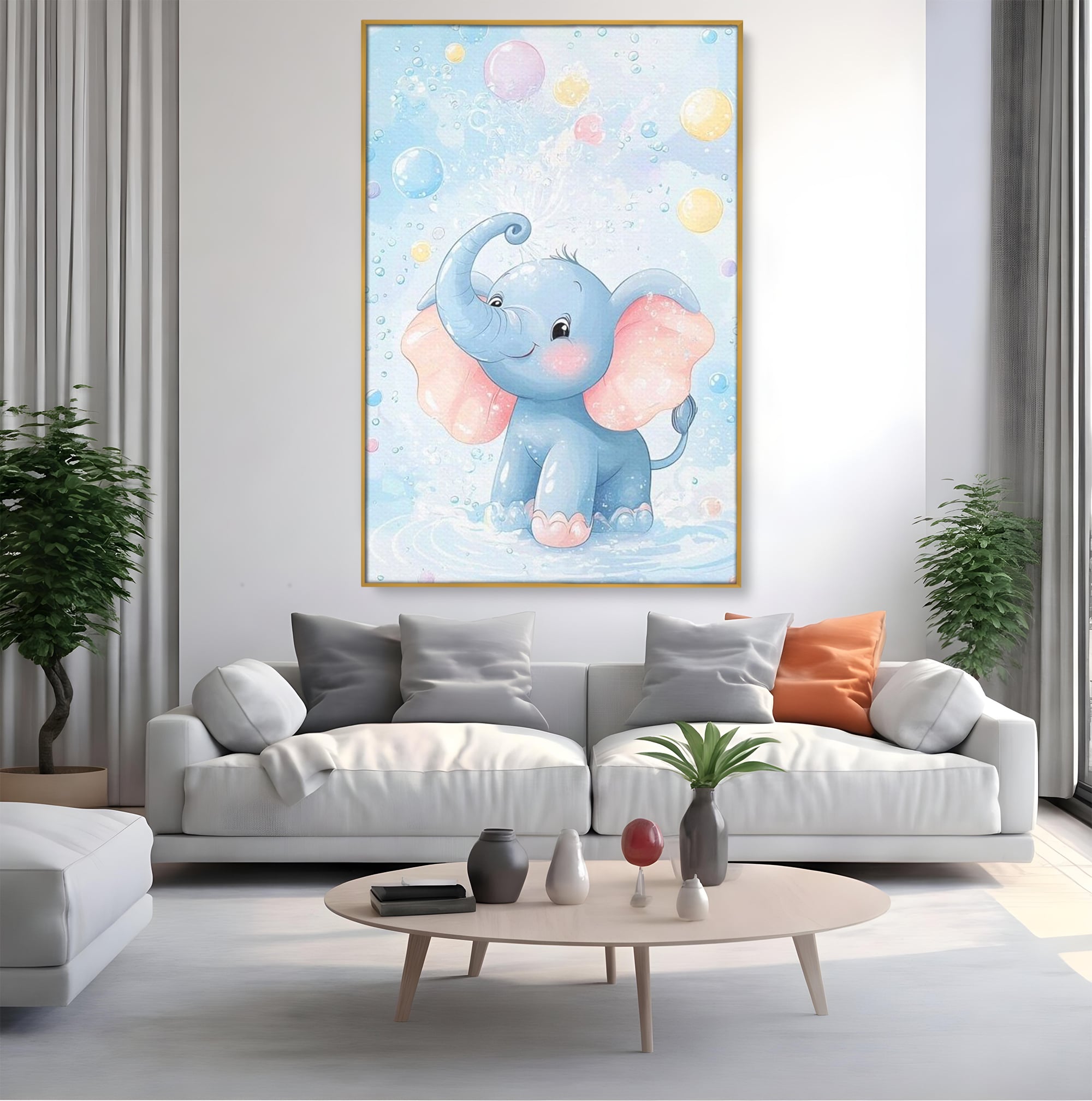 Tablou canvas cu tablou canvas cu elefantelet albastru, in rama de aluminiu auriu, pe perete intr-un living